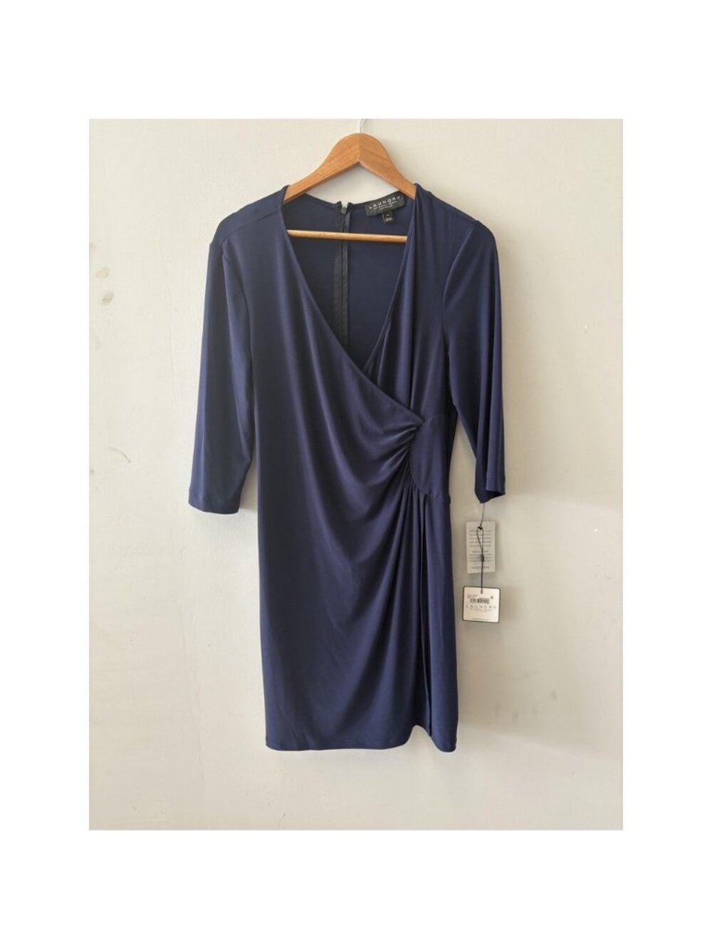 Laundry By Shelli Segal Dress Womens L Blue Ruched Wrap 3/4 Sleeve Knee Length